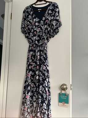 J. Jill Navy Floral Maxi Dress with Tie Waist